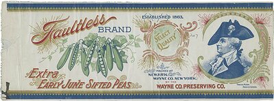 Label from Faultless brand of Extra Early June sifted Peas, Wayne County Preserving Co., Newark