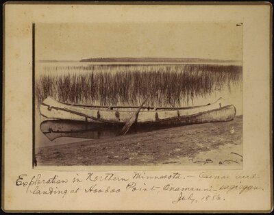 Exploration in Northern Minnesota. Canoe and landing on Hoodoo Point, Onamanni-sagiegan