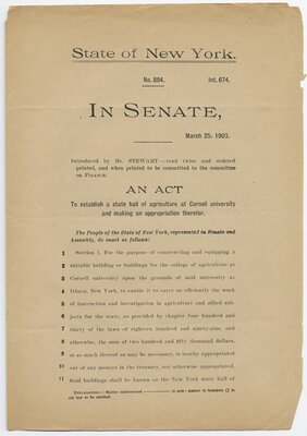 "An Act to establish a state hall of agriculture at Cornell university and making an appropriation therefore"