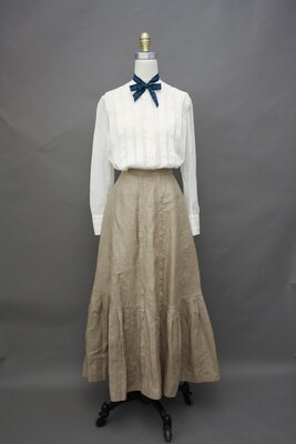 Shirtwaist, White with Vertical Tucks and Skirt, Tan with Pleated Ruffle