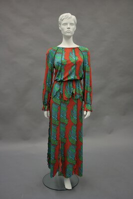 Dress (Top and Skirt), Red, Green, and Blue Print