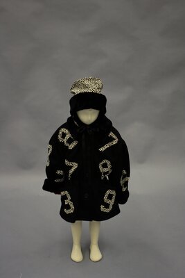 Coat and Hat, Black with Numeral Appliques and Magenta Lining