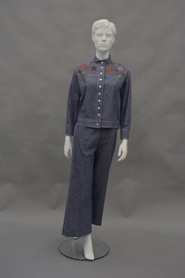 Pantsuit, Faux Denim with Floral Embroidery 