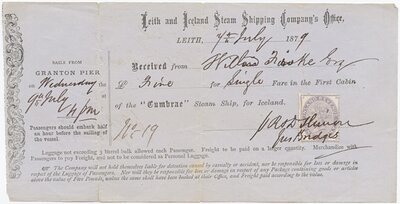 Ticket for Willard Fiske's passage in the SS Cumbrae