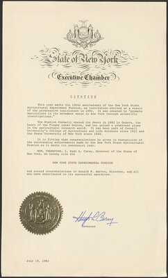 State of New York. Executive Citation Signed by Governor Hugh Carey