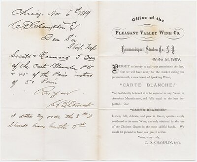 Carte Blanche Pleasant Valley Wine Company. Advertising Flyer and Order Request
