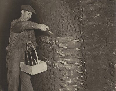 Man with bottles in wine cellar