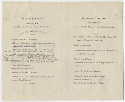 Order of Exercises for Cornell University's first presidential inauguration