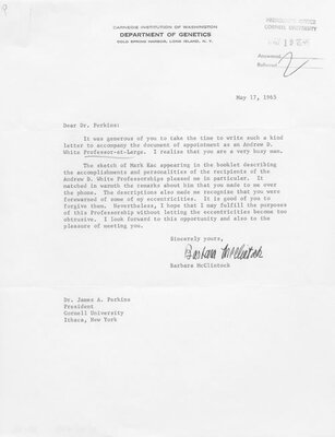 Letter from Barbara McClintock 23, Andrew Dickson White Professor-at-Large