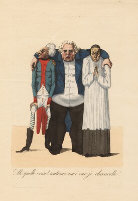 Caricature of King Louis XVIII Leaning upon an Aristocrat and a Priest