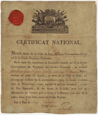 Certificate of Good Behavior in the National Guard for Charles Thomas Pierre, Signed by Lafayette and Bailly