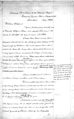Manuscript of an address on a question of political philosophy from the British Utilitarian Jeremy Bentham "to the French People"