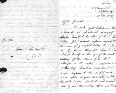 Letter from the Romantic novelist Mary Shelley, congratulating Lafayette on his part in the "Glorious Revolution"
