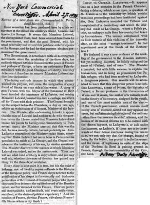 American newspaper articles deploring the French military's "domicilary visit" to La Grange, Lafayette's provincial estate, where they arrested a Polish patriot who had been banned from Paris