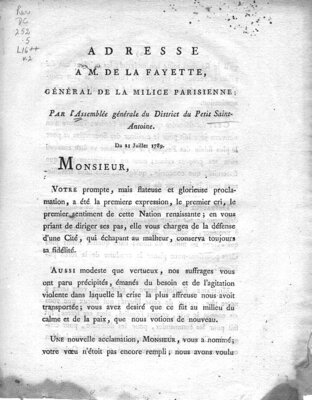 Broadside from the General Assembly of Petit Saint-Antoine entrusting Lafayette with the task of keeping order in Paris