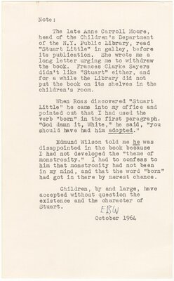 Note accompanying an early manuscript of Stuart Little