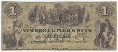 $1.00 banknote depicting enslaved people gathering turpentine and carrying cotton