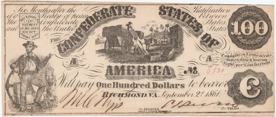 $100.00 banknote depicting enslaved people loading a cotton wagon