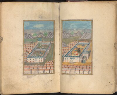 Qur’an, with hand drawn illustrations of Mecca