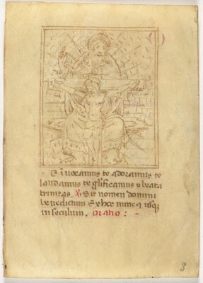 Leaf from a Book of Hours with pen drawing of God the Father with crucified Christ