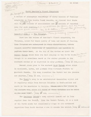 Manuscript used for recording "North America's Finest Songsters"