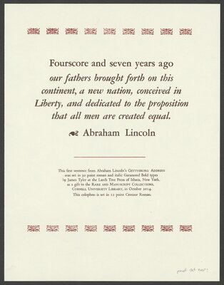 Galley with type set for first lines of the Gettysburg Address, with a final print from that type
