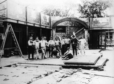 The Crew in Front of a Faux Stage at Wharton Studios in Renwick Park (now Stewart Park)