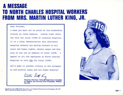 King’s message to North Charles Hospital Workers, issued by the National Organizing Commitee of Hospital and Nursing Home Employees, Kheel Center, Cornell University Library, collection #6140, box 3