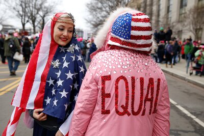 Gizelle Begler and Mira Veikley pose for a photograph at the Women’s March in Washington U.S., January 21, 2017. Photo by Shannon Stapleton, courtesy of REUTERS
