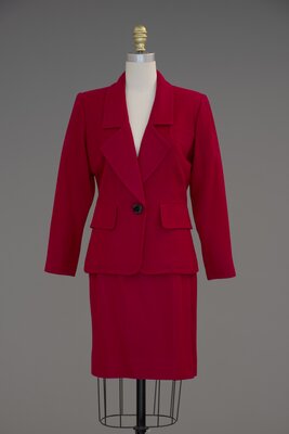 Red wool Yves Saint Laurent suit worn by Dorothy Schefer Faux, circa 1990