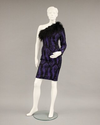 Dress, brocade with quilting and ostrich plume