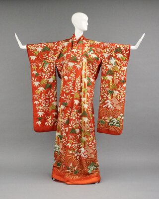 Uchikake kimono, orange with embroidery and shibori (tie-dye)
