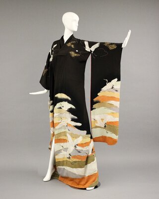 Uchikake kimono, black with embroidery and silk painting