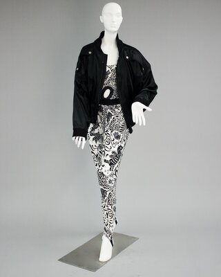 Leotard and leggings, sublimation print with cockfight & Bomber jacket, black satin