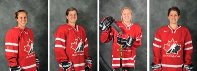 From left to right, Lauriane Rougeau, Laura Fortino, Brianne Jenner, and Rebecca Johnston. All won gold medals in the 2014 Olympics playing for Team Canada. 