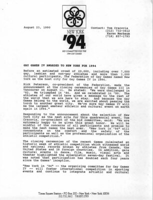 Gay Games 1994 Award Letter, Gay Games Collection, HSC #7813, Box 1, Folder 1
