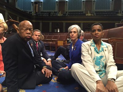 Representative Katherine Clark (second from right) at the sit-in she led on the floor of the US House of Representative in June 2016 