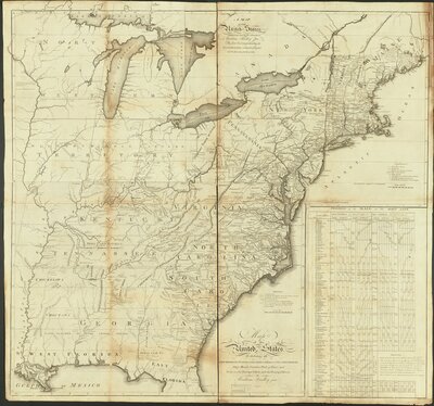 A map of the United States exhibiting post roads & distances : the first sheet comprehending the nine northern states, with parts of Virginia and the territory north of Ohio