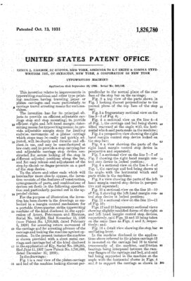 US Patent 1,826,780 E. L. HARMON TYPEWRITING MACHINE p.1