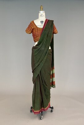 Sari, green with pink, gold, orange detailed trim