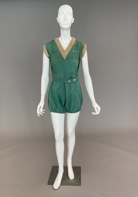 Gym suit, green with tan trim on neckline and sleeves