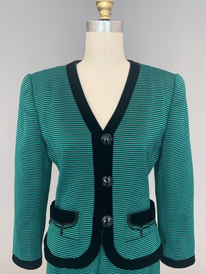 Givenchy emerald green and black striped suit front detail