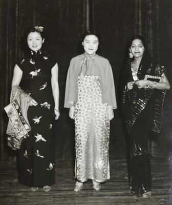 Olivia Wu '39, Mrs. Tsch Liang Kwan '39, and Lalitha Kumarappa '40 backstage at “Costume of Many Lands” in 1938