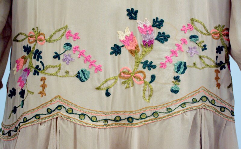 Annette Warner’s mauve, chiffon dress (embroidery detail)
