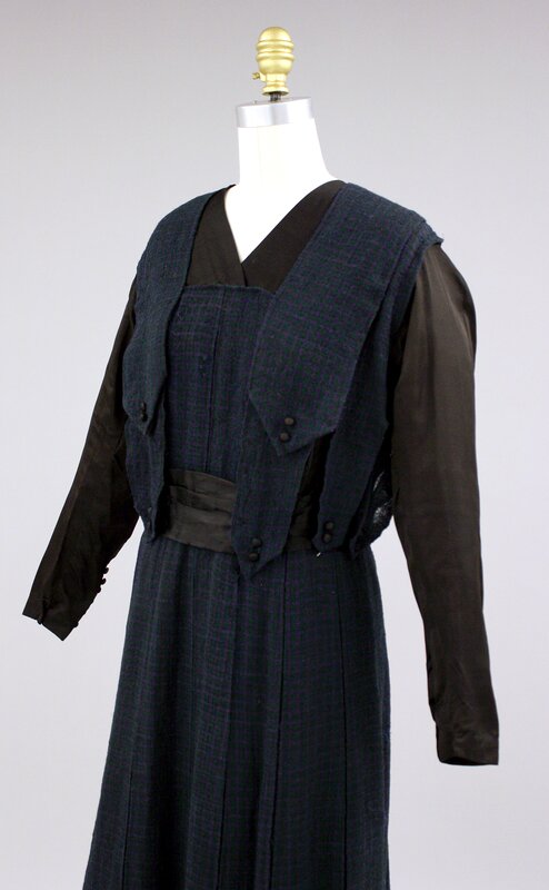 Dress C: Blue checked wool dress with black silk insert sleeves (quarter view)