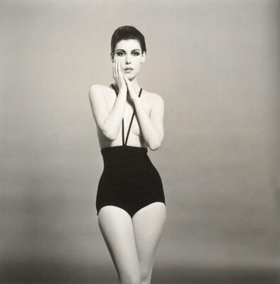 Peggy Moffitt in a topless swimsuit