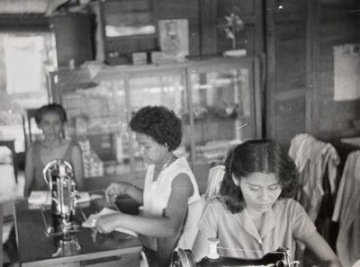 Research photograph taken during an earlier Cornell-Bennington anthropology fieldwork trip of Roon's daughters doing piecework, circa 1953-1954