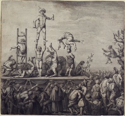 Acrobats of the Commedia dell’arte Performing to a Crowd