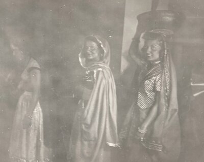 Dorothy Reynolds, Betty Carpenter, and Dhimatria Tassi backstage at “Costume of Many Lands” in 1938