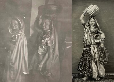 Betty Carpenter '41 and Dhimatria Tassi '39 backstage at “Costume of Many Lands” in 1938 and Postcard of Jaipur woman purchased by Blackmore in 1936